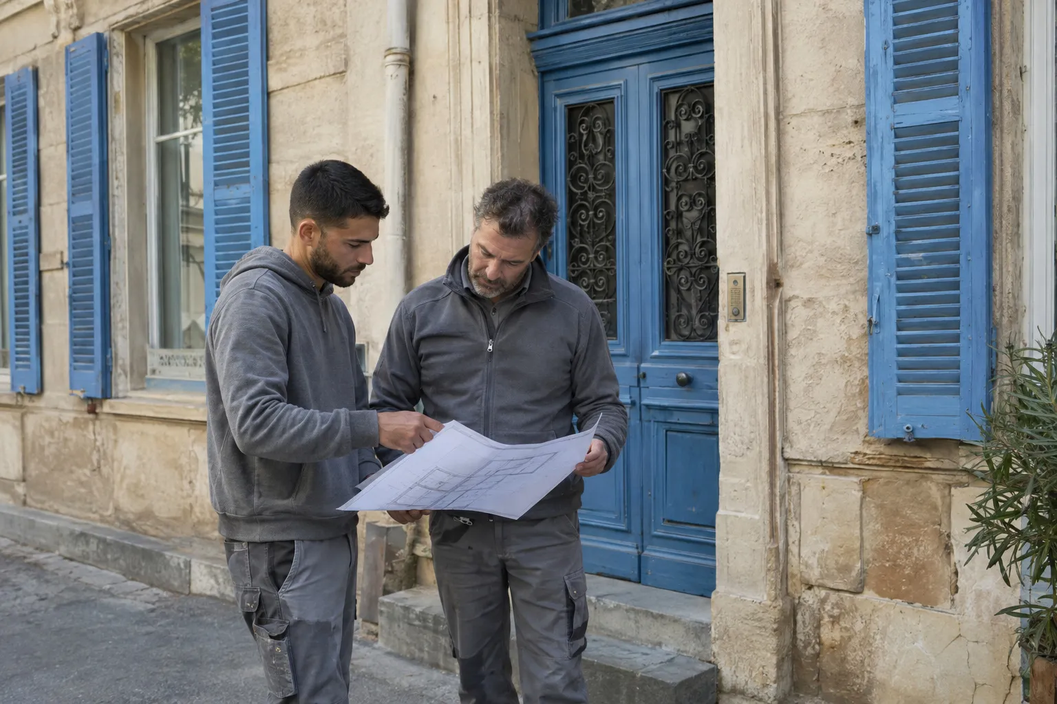 Séjour d'un appartement ancien marseillais en cours de rénovation : murs enduits, parquet protégé, fenêtre ouverte sur les toits et la lumière du sud.