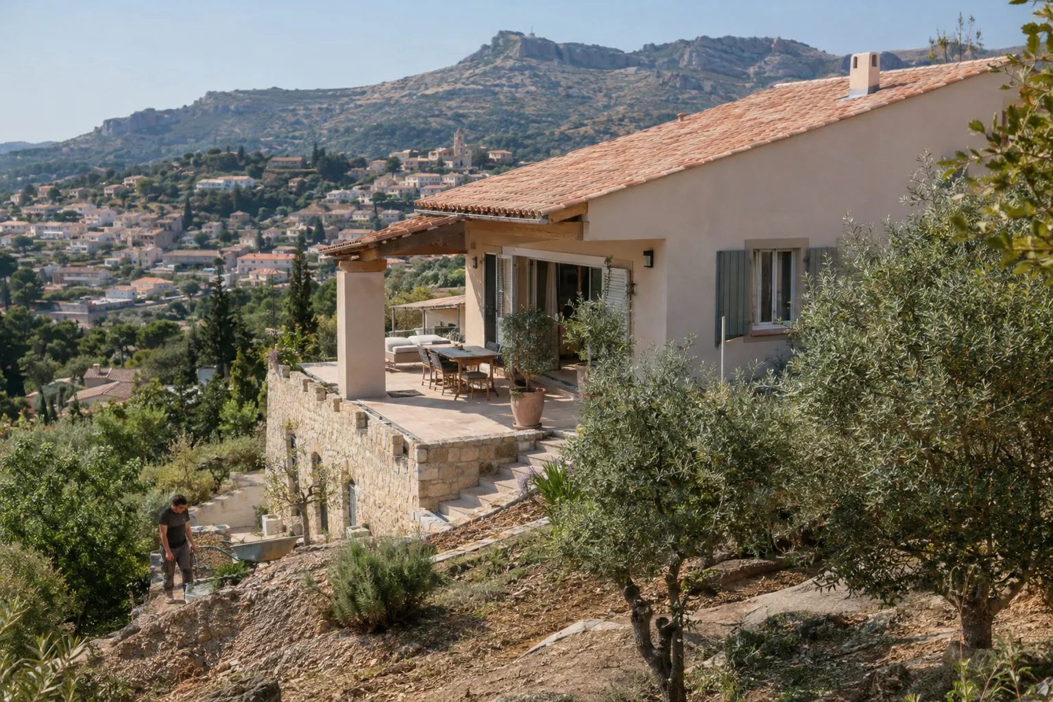 Villa en pierre et enduit ocre avec terrasse sur un terrain en pente planté d'oliviers, au-dessus d'un village des collines d'Allauch ; un ouvrier travaille au premier plan.