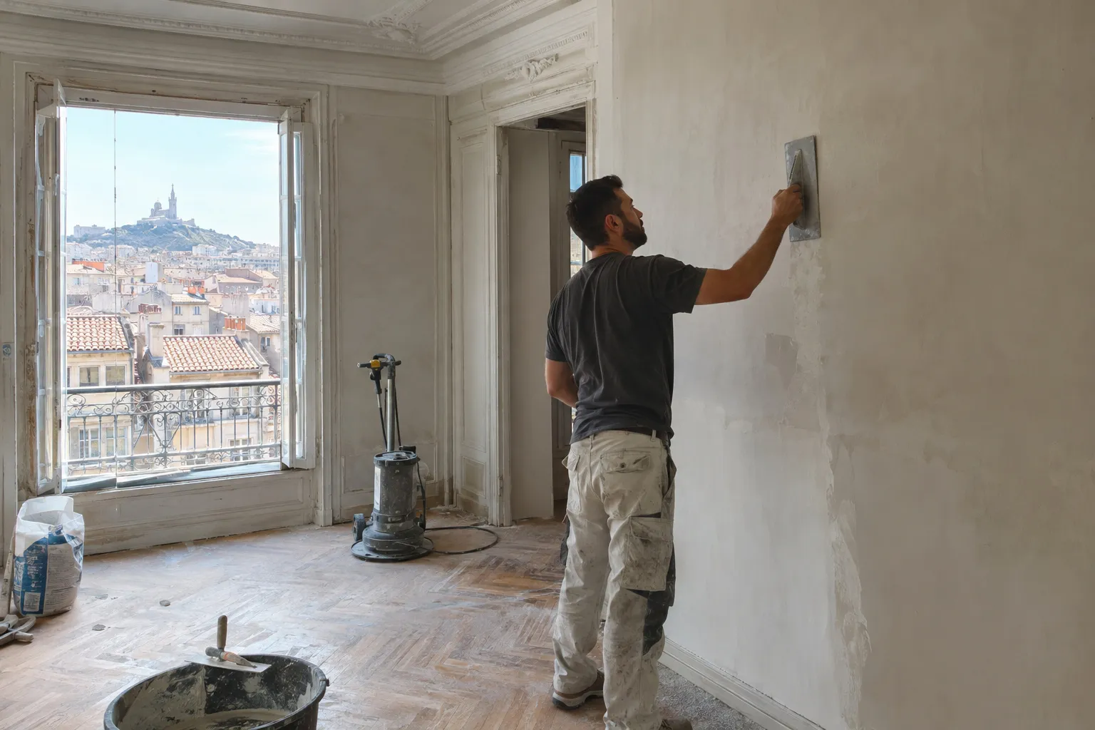 Chantier de rénovation d'un appartement ancien à Marseille : cloison en plaques de plâtre montée, gaines électriques apparentes, sol décapé et fenêtre à persiennes.