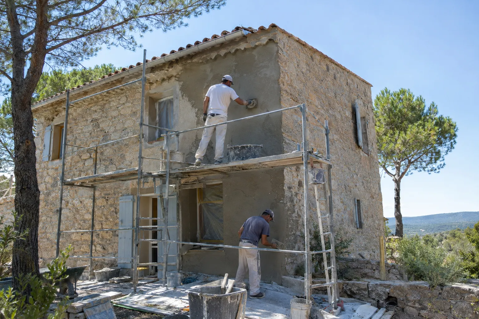 Maison provençale à tuiles et façade enduite en cours de rénovation sur une colline de Marseille, échafaudage léger, menuiseries neuves posées, pins en arrière-plan.