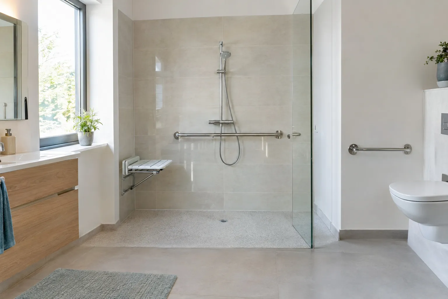 Salle de bain adaptée : douche de plain-pied avec siège rabattable, barre d'appui horizontale, grand carrelage clair antidérapant et WC suspendu avec barre.