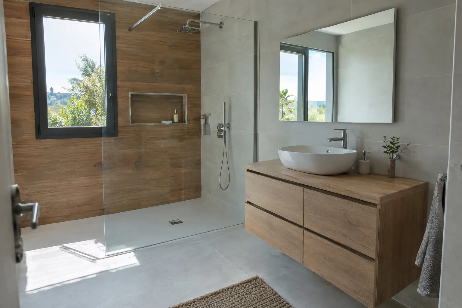 Salle de bain rénovée : douche à l'italienne fermée par une paroi de verre, mur en grès effet bois, grand carrelage gris, meuble vasque suspendu et vasque à poser.